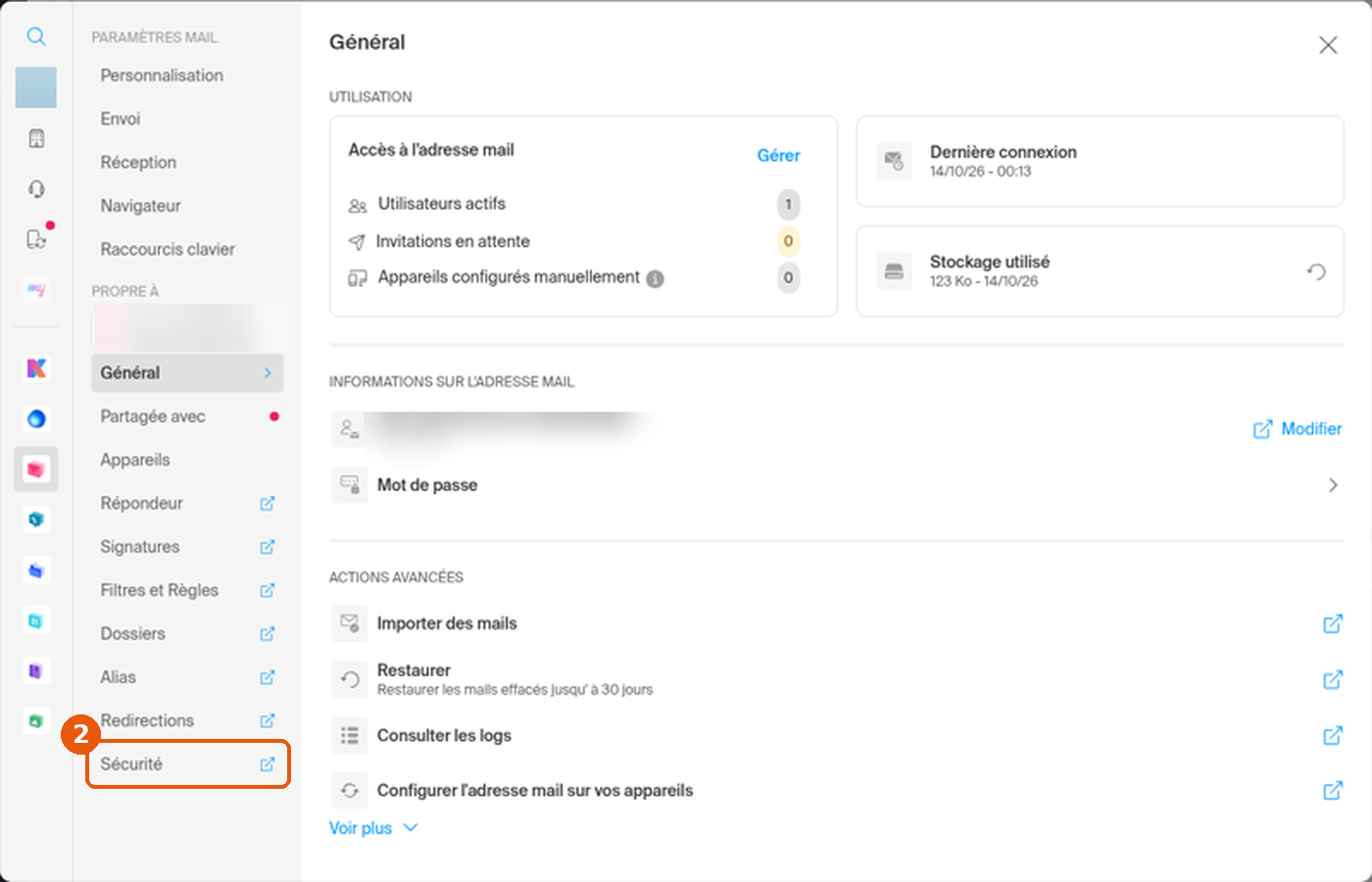 Fenêtre Paramètres Mail avec l'entrée Sécurité encadrée