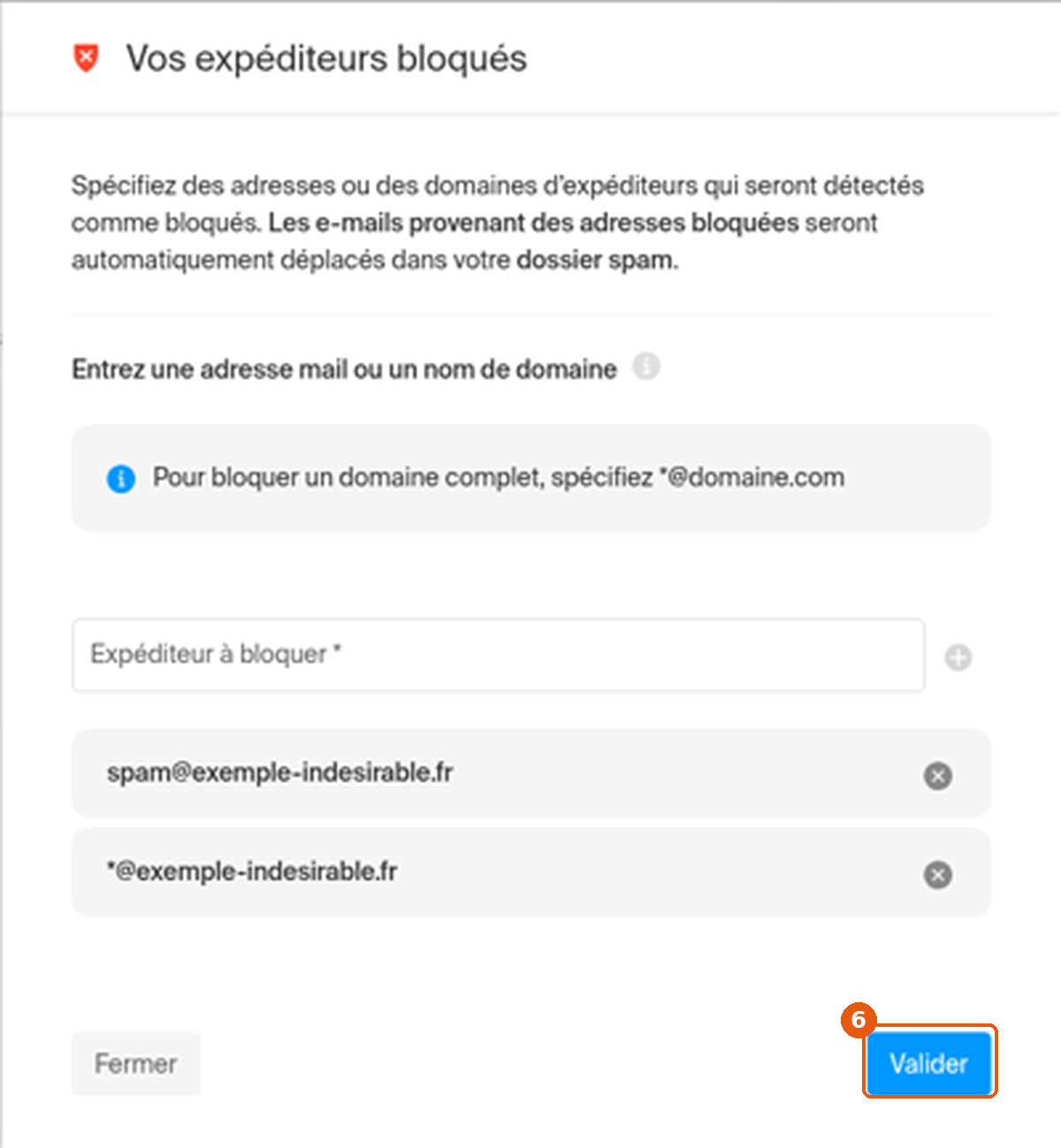 Deux expéditeurs ajoutés et bouton Valider encadré
