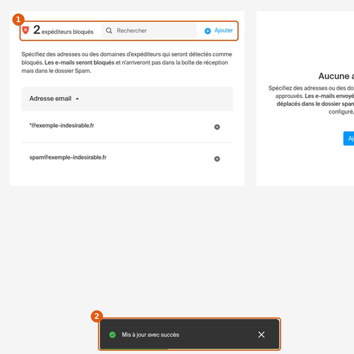 Liste de 2 expéditeurs bloqués et message Mis à jour avec succès