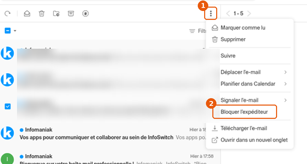 Menu Plus d'options d'un message sélectionné avec Bloquer l'expéditeur encadré