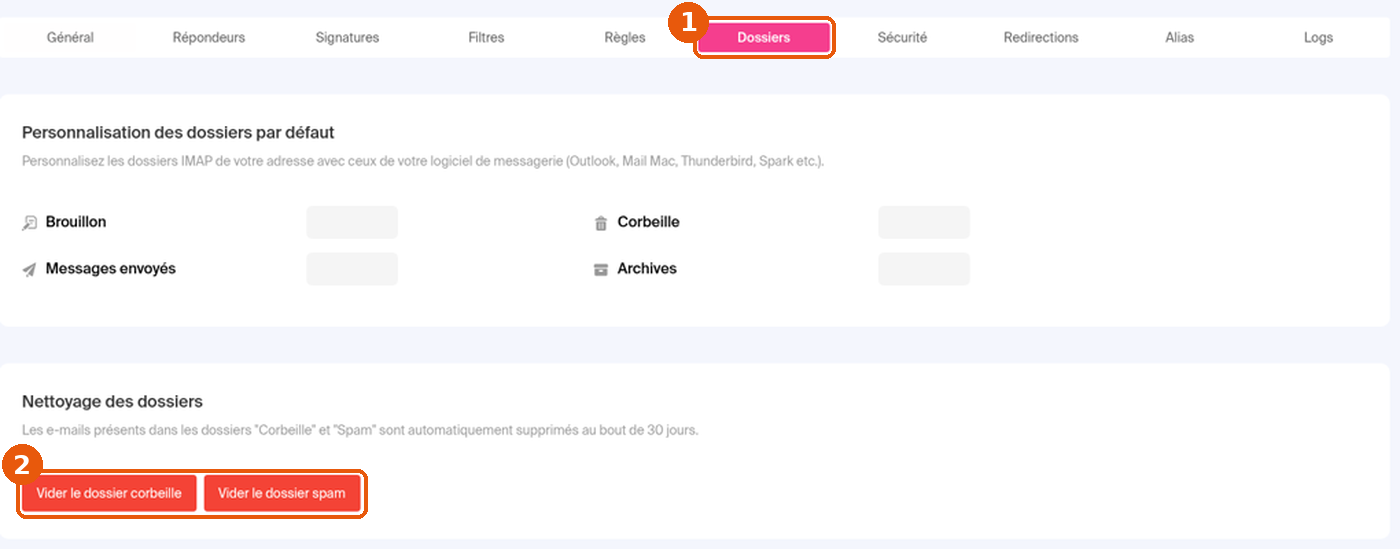 Onglet Dossiers du Manager, section Nettoyage des dossiers avec les boutons Vider encadrés