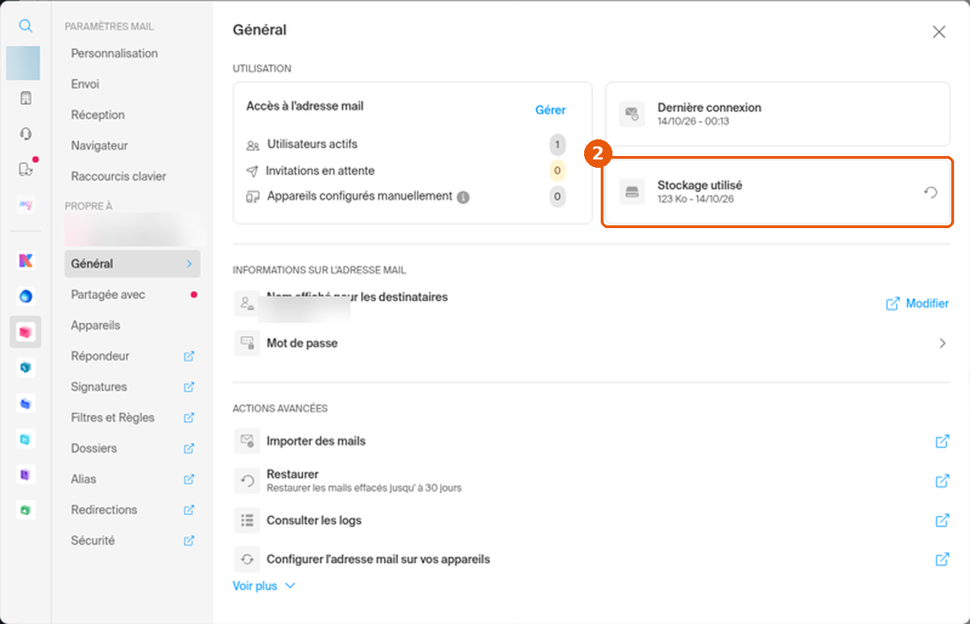 Paramètres Mail, section Utilisation, carte Stockage utilisé encadrée