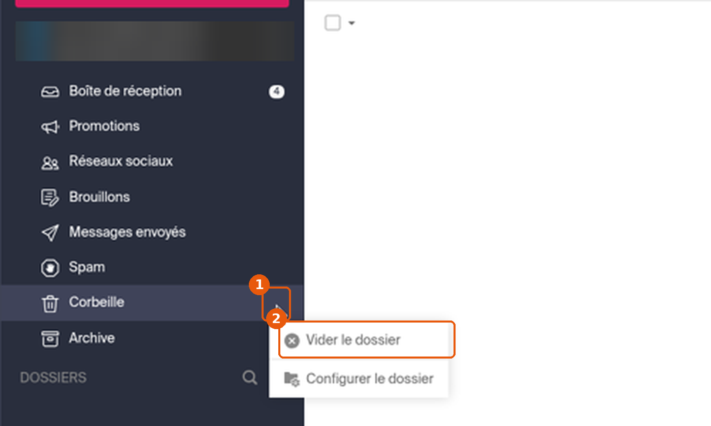 Menu du dossier Corbeille avec l'option Vider le dossier encadrée