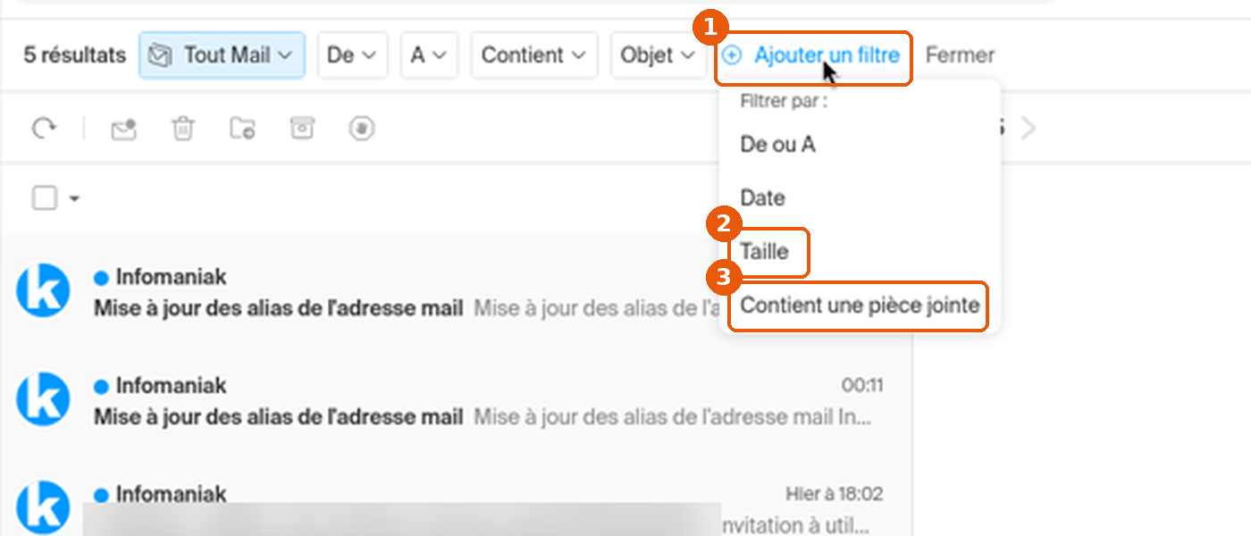 Recherche avancée, menu Ajouter un filtre ouvert avec Taille et Contient une pièce jointe encadrés