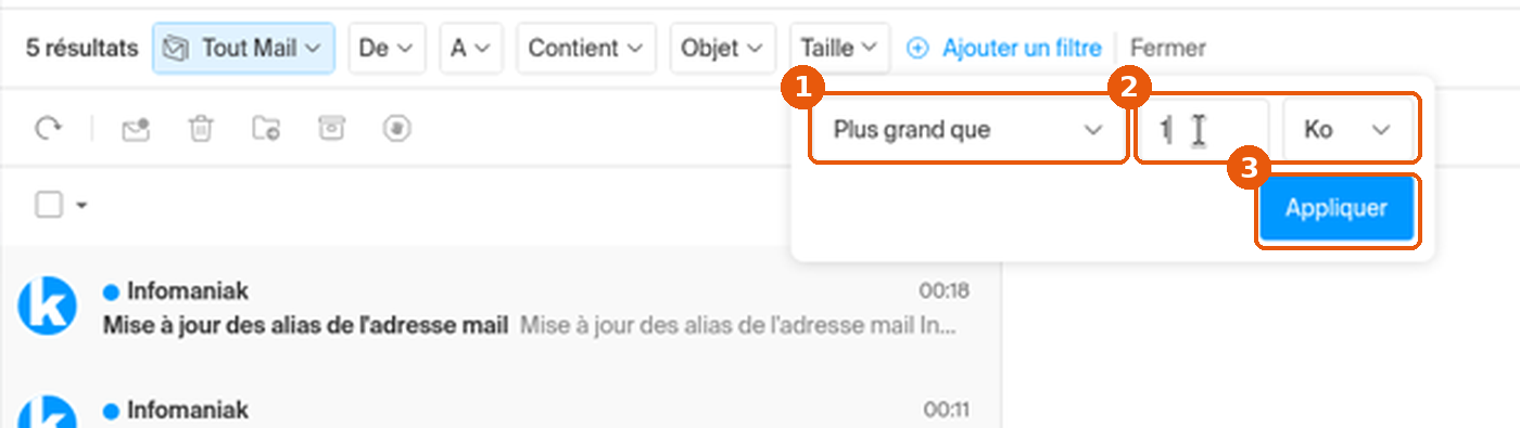 Fenêtre du filtre Taille : Plus grand que, valeur, unité Ko et bouton Appliquer encadrés