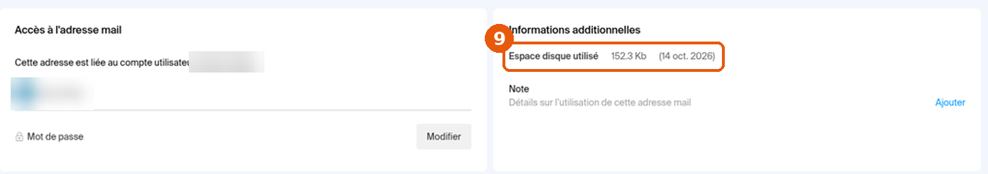 Fiche de l'adresse dans le Manager, Espace disque utilisé encadré