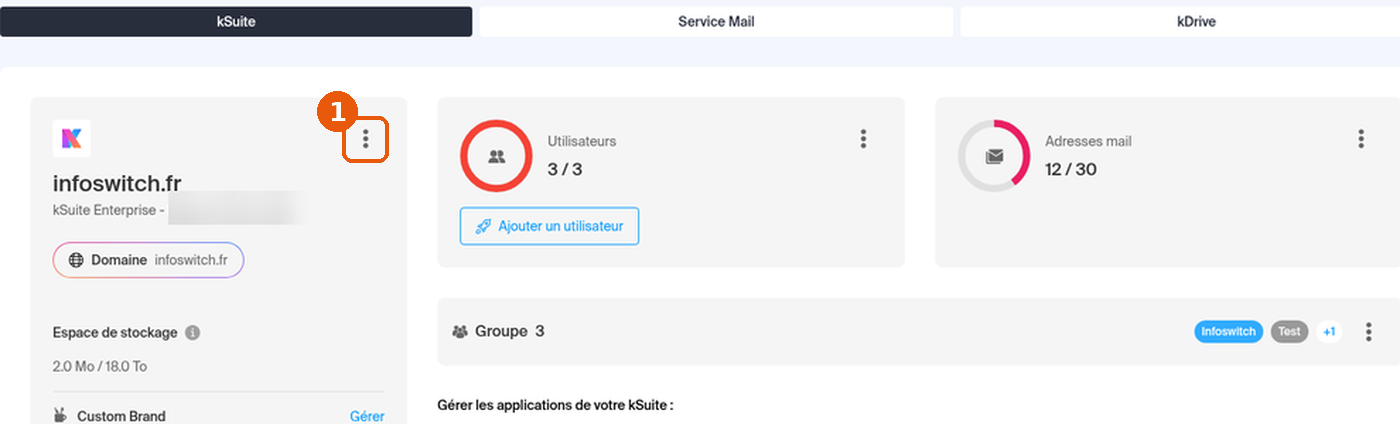 Tableau de bord Outils collaboratifs, onglet kSuite : menu ⋮ de la carte kSuite encadré
