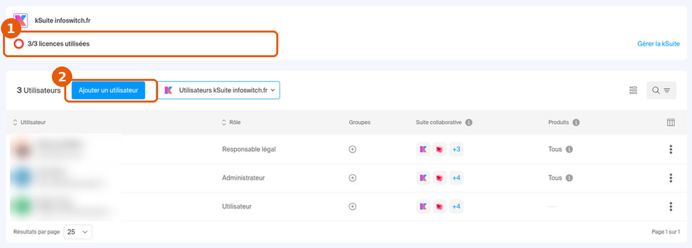 Page Gestion des utilisateurs : indicateur 3/3 licences utilisées et bouton Ajouter un utilisateur encadrés, noms floutés