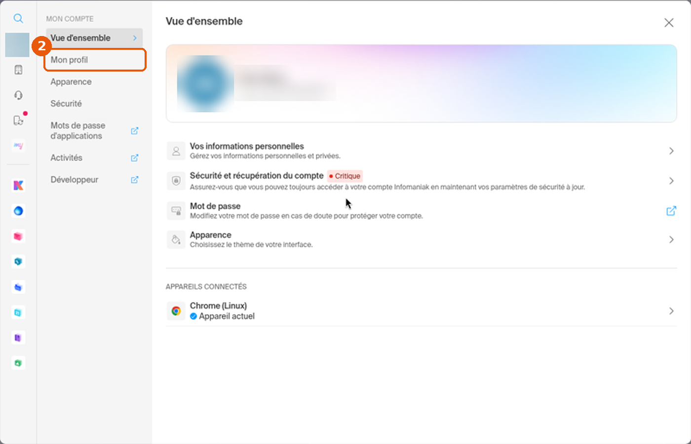Fenêtre des paramètres, section Mon compte, entrée Mon profil encadrée