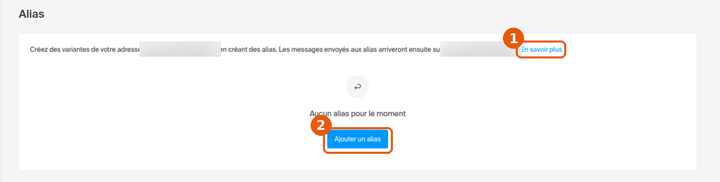 Page Alias de Mail avec En savoir plus et Ajouter un alias encadrés
