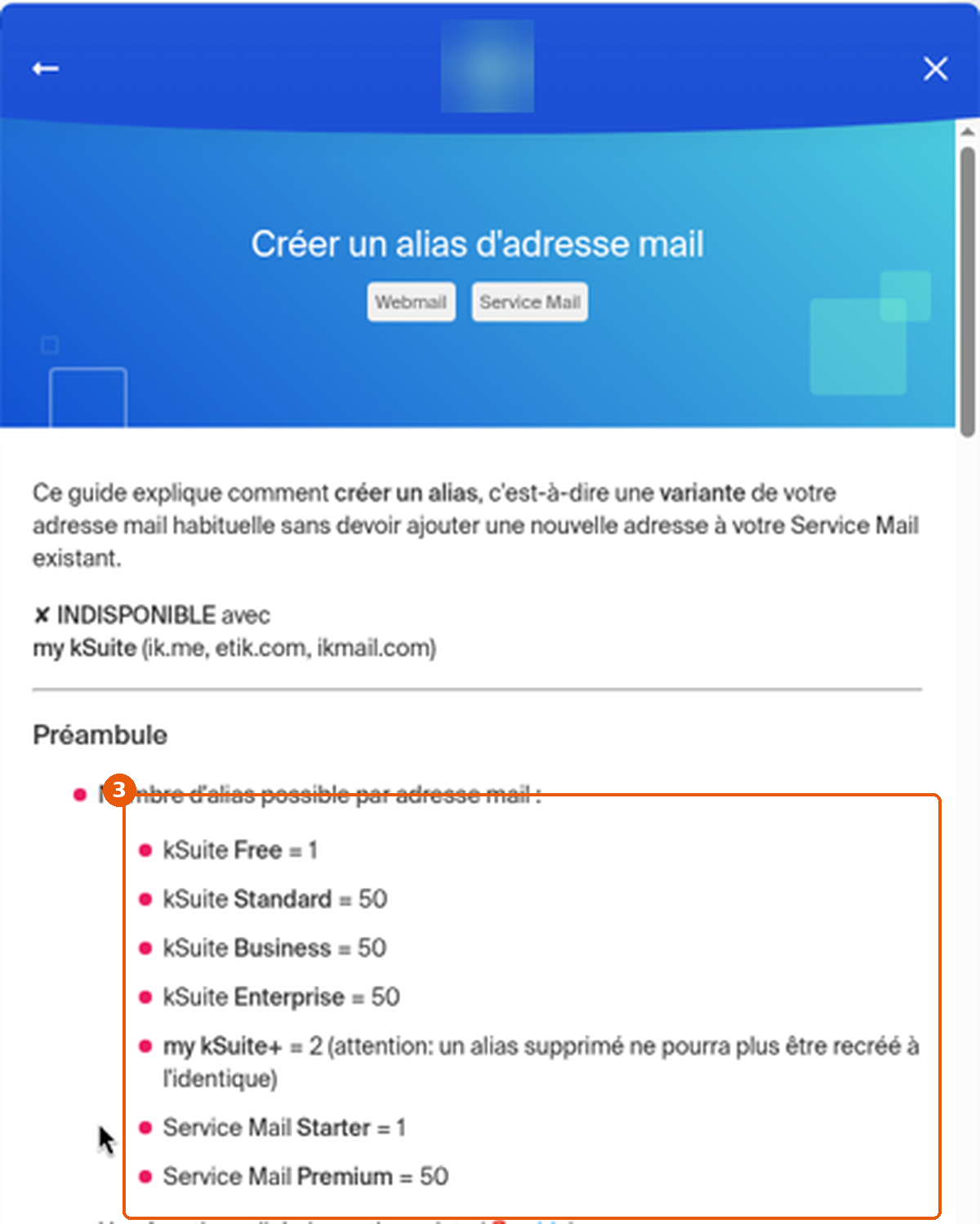Panneau d'aide Créer un alias d'adresse mail avec la liste des limites encadrée