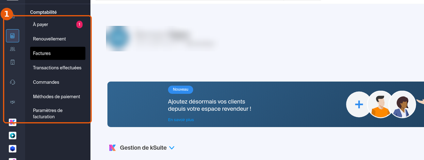Manager Infomaniak, sous-menu Comptabilité ouvert : À payer, Renouvellement, Factures, Transactions effectuées, Commandes, Méthodes de paiement, Paramètres de facturation