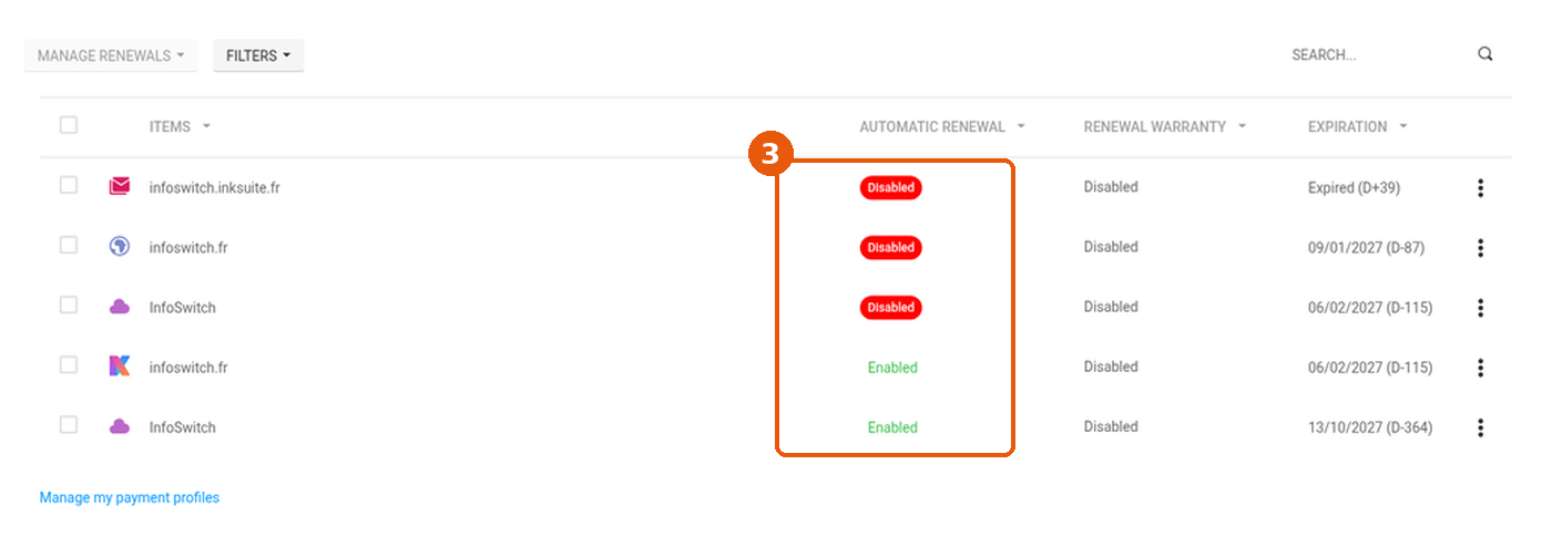 Page Renouvellement en anglais : colonne AUTOMATIC RENEWAL avec statuts Disabled et Enabled encadrée