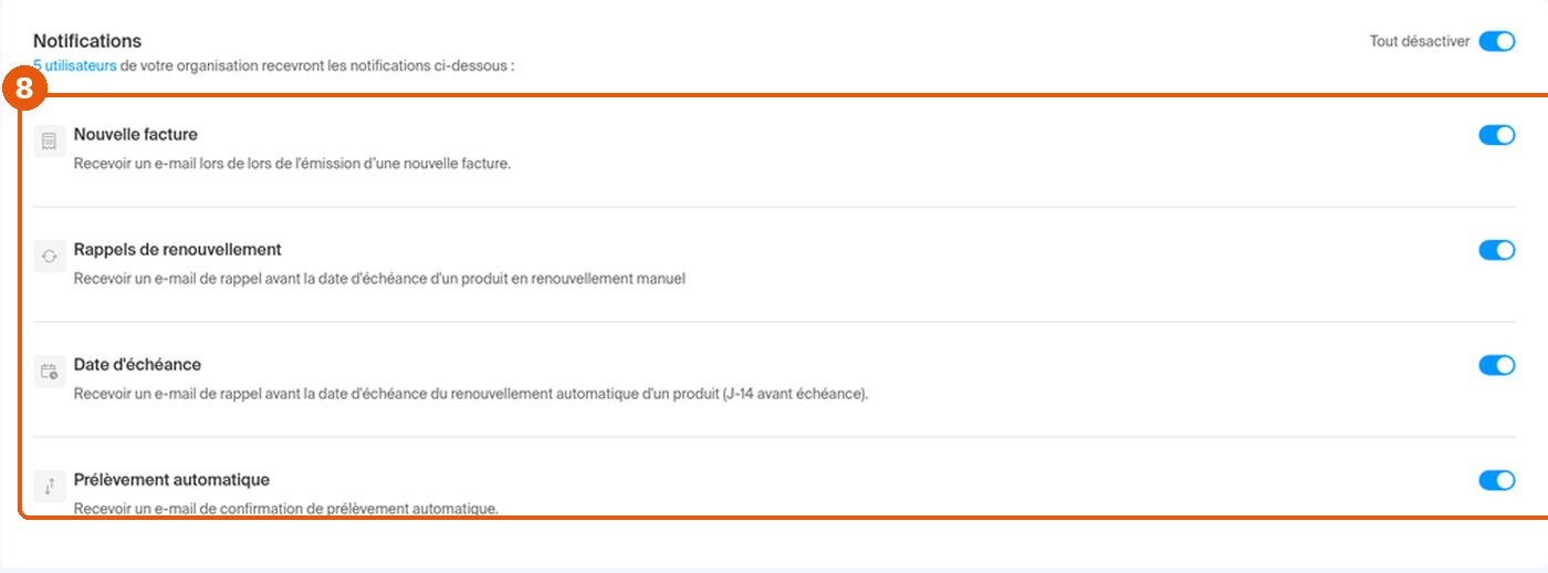 Paramètres de facturation, section Notifications : Nouvelle facture, Rappels de renouvellement, Date d'échéance, Prélèvement automatique encadrés