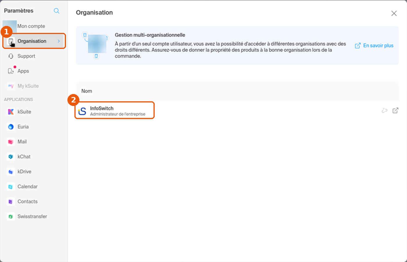 Paramètres, rubrique Organisation avec la ligne de l'organisation et le rôle encadrés