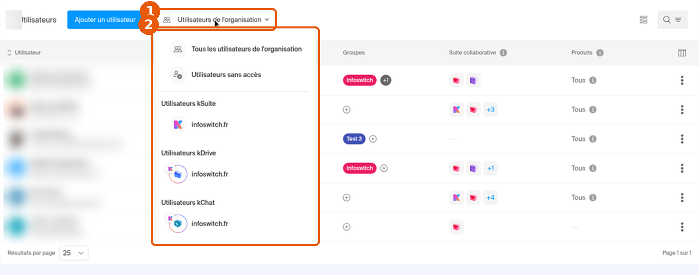 Liste des utilisateurs avec le filtre Utilisateurs de l'organisation ouvert