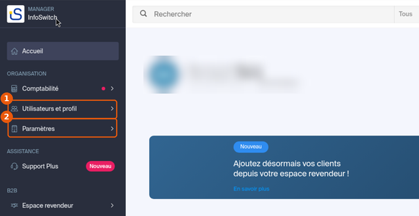 Menu Organisation du Manager avec Utilisateurs et profil et Paramètres encadrés