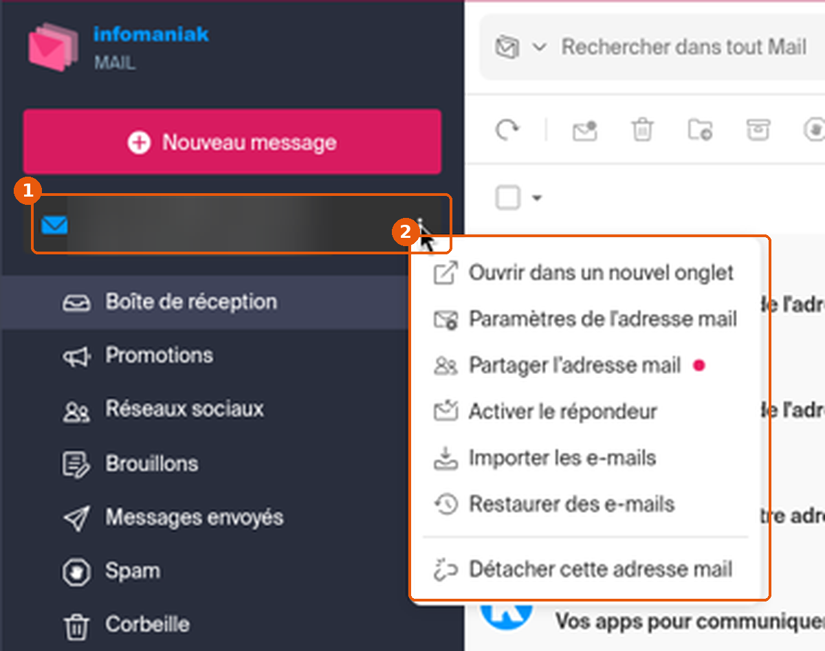 Barre latérale de Mail avec l'adresse et son menu encadrés