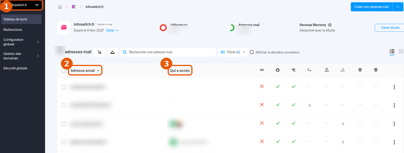 Liste des adresses mail du domaine avec le domaine, Adresse email et Qui a accès encadrés