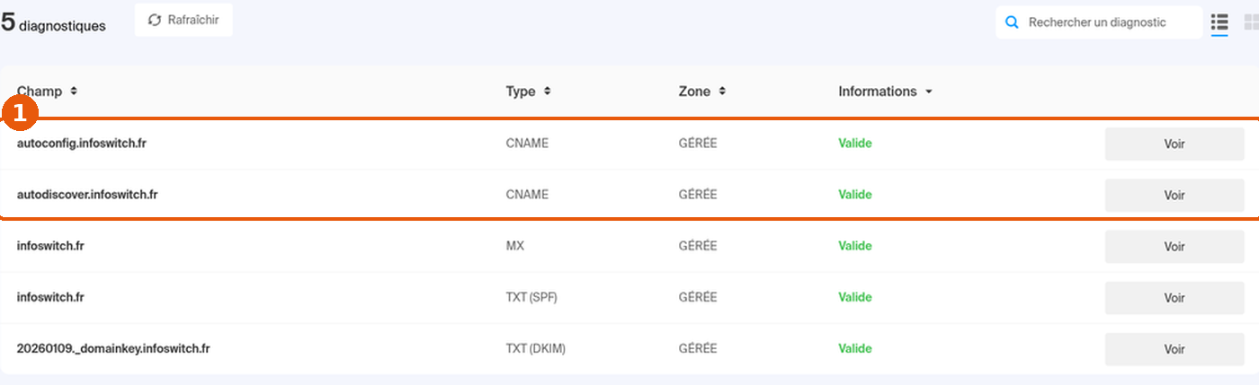 Diagnostic DNS : lignes autoconfig et autodiscover de type CNAME, zone GÉRÉE, statut Valide, encadrées