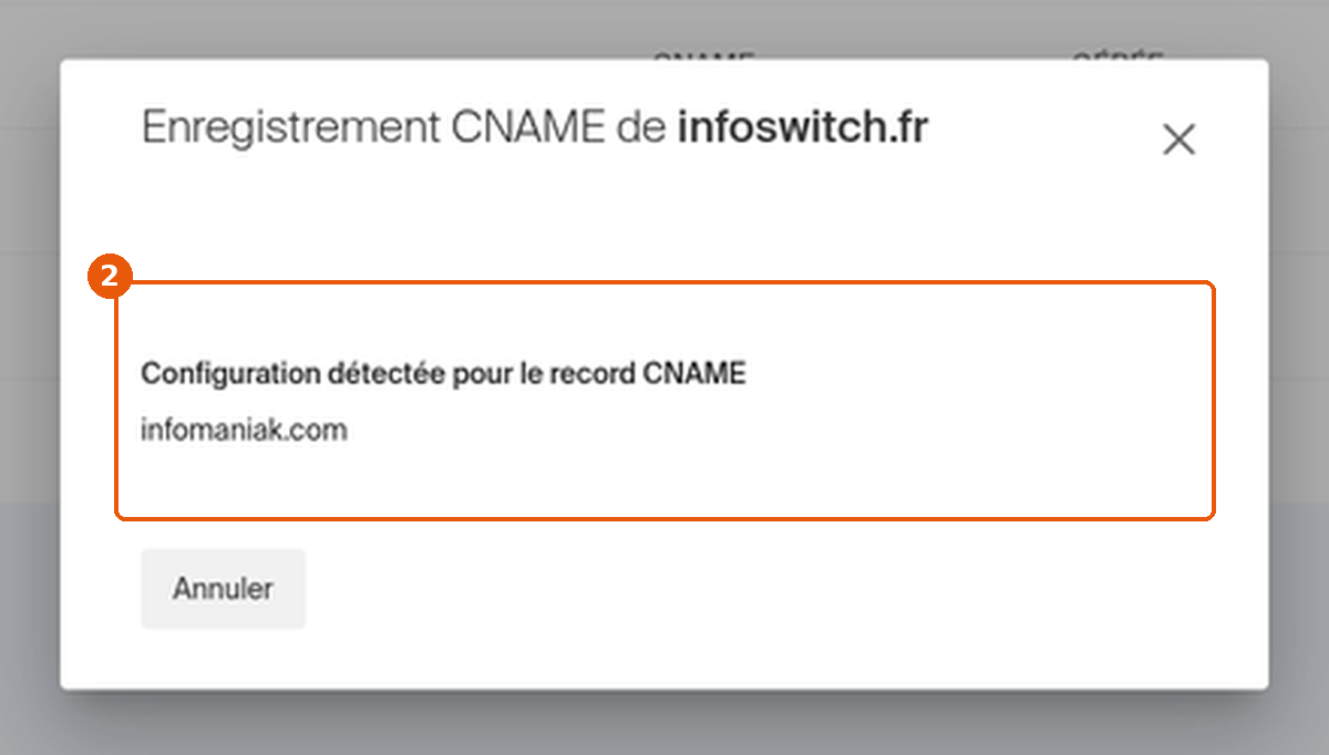 Dialogue Enregistrement CNAME : configuration détectée infomaniak.com encadrée