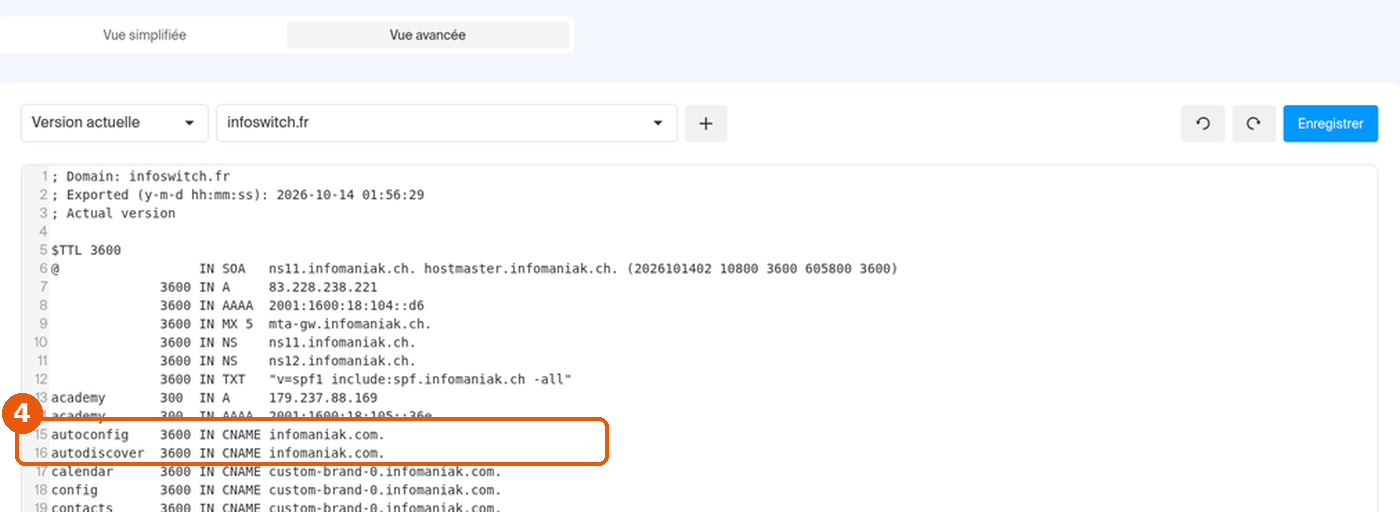 Vue avancée de la zone DNS : lignes autoconfig et autodiscover en CNAME vers infomaniak.com encadrées