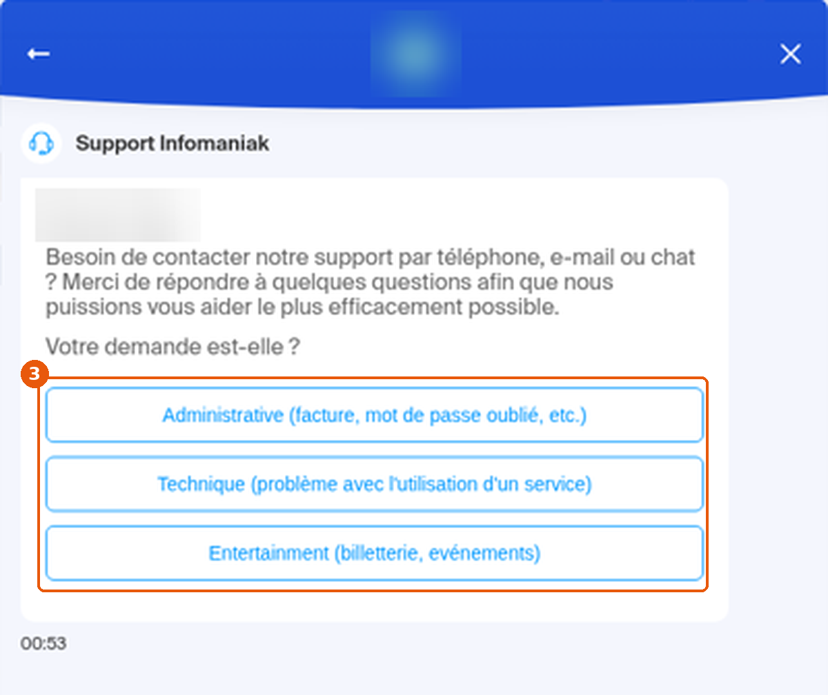 Assistant Support Infomaniak avec les trois types de demande encadrés