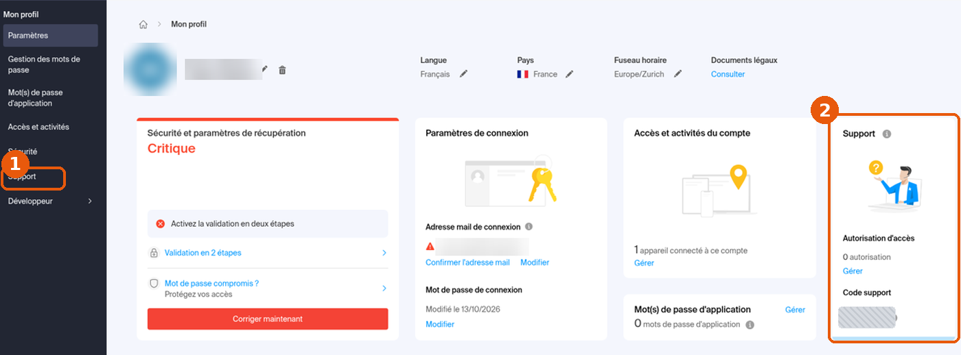 Page Mon profil avec le menu Support (1) et la carte Support (2) encadrés