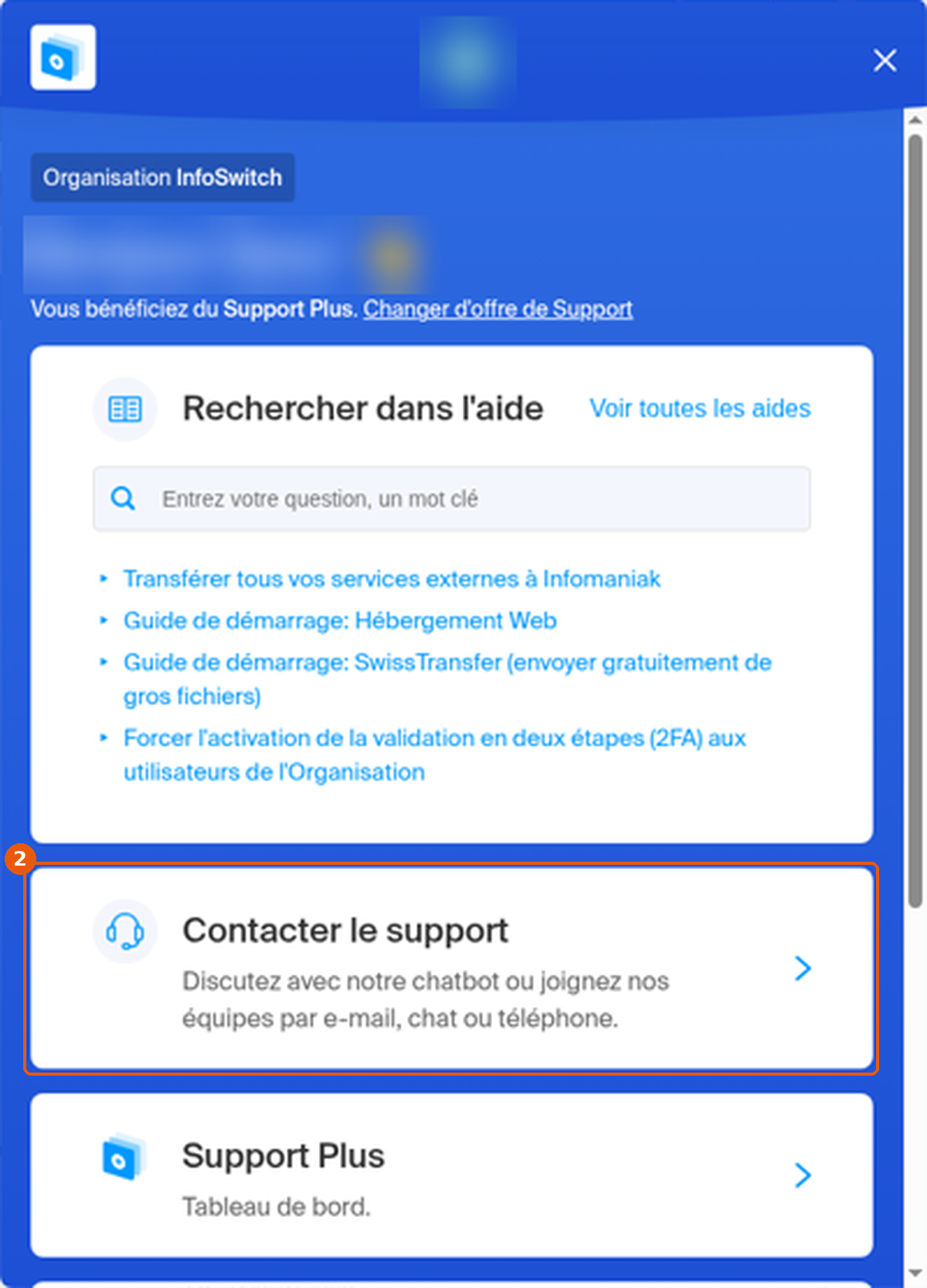 Panneau d'aide avec la carte Contacter le support encadrée