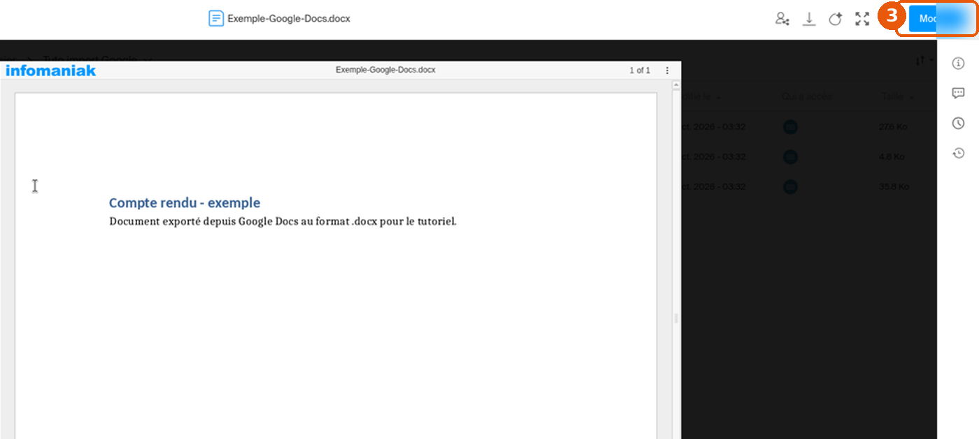 Aperçu d'un fichier .docx dans kDrive avec le bouton Modifier