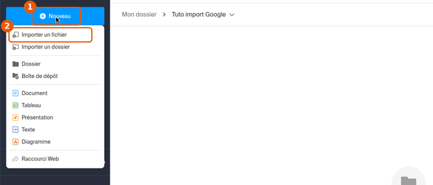 Menu Nouveau de kDrive avec Importer un fichier encadré