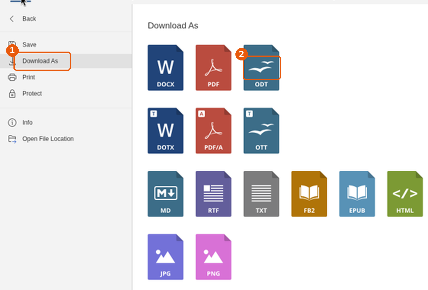 Menu Download As de Docs avec les formats DOCX, PDF, ODT et autres
