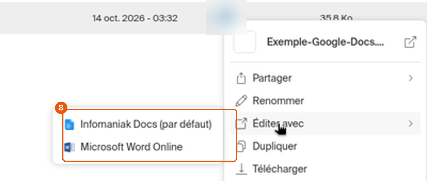 Menu Éditer avec : Infomaniak Docs (par défaut) et Microsoft Word Online