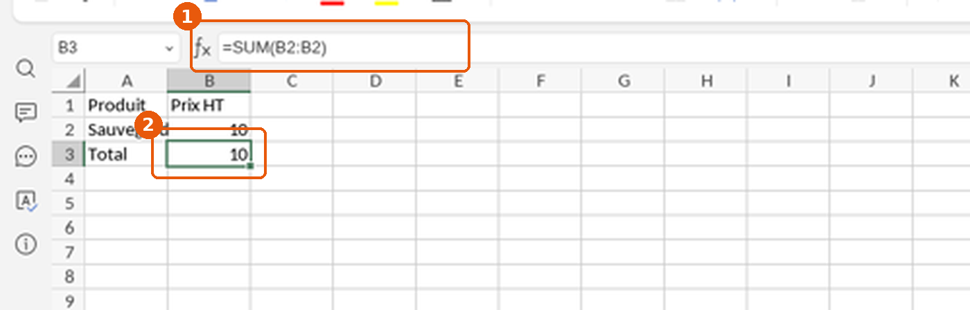 Infomaniak Grids : cellule B3 avec la formule =SUM(B2:B2)