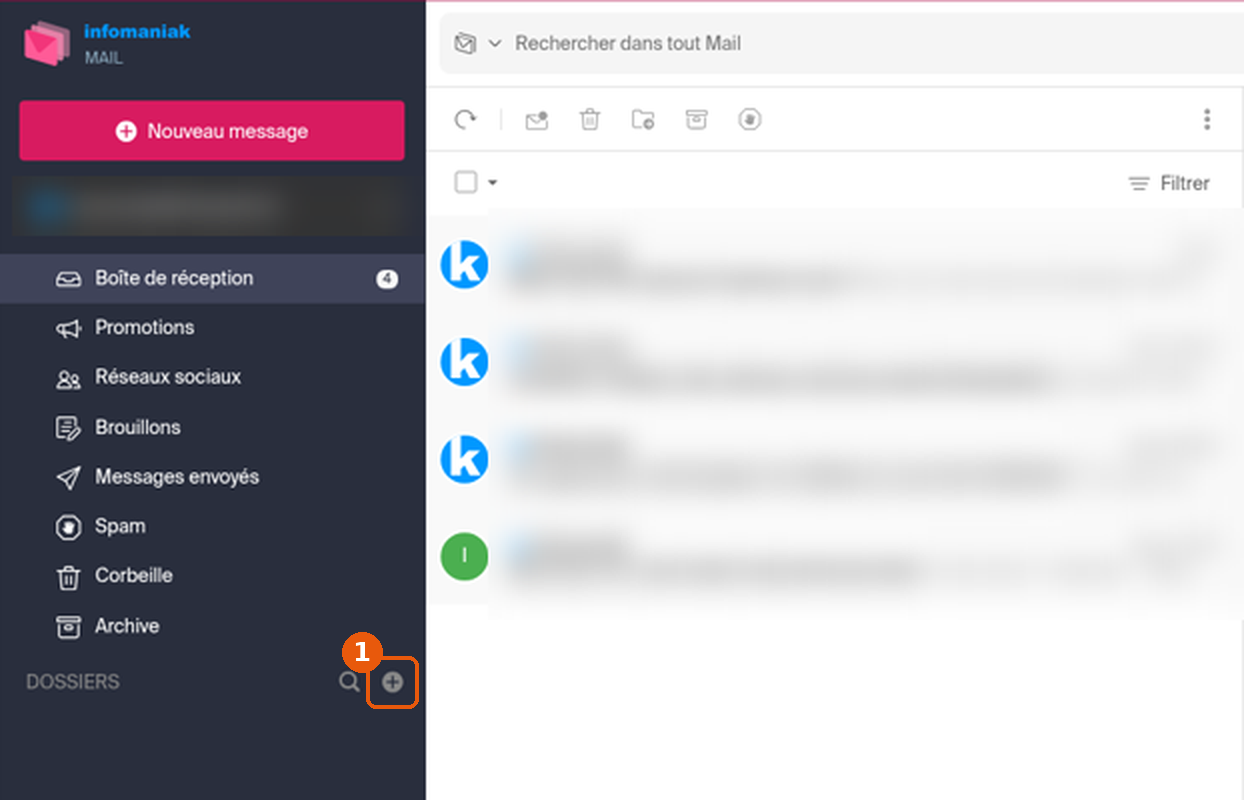 Barre latérale de kMail : bouton + à côté de DOSSIERS