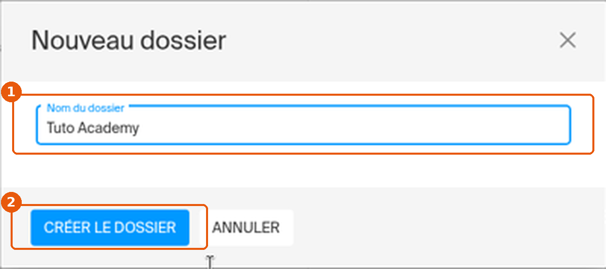 Fenêtre Nouveau dossier avec le champ Nom du dossier et le bouton CRÉER LE DOSSIER
