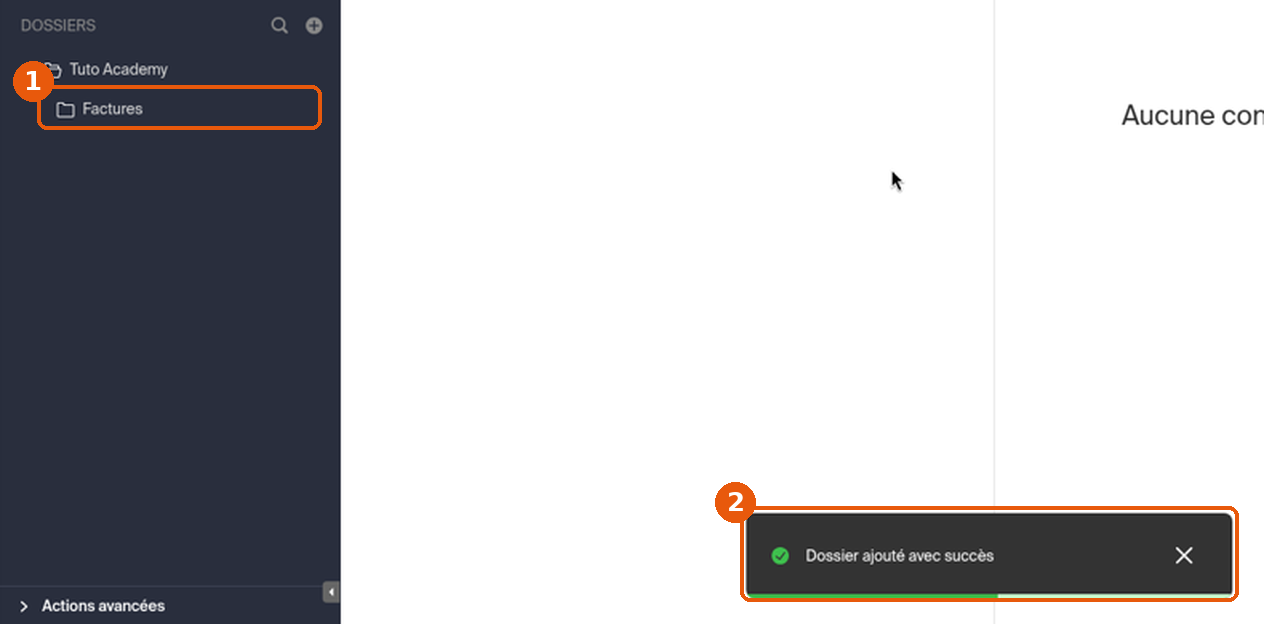 Sous-dossier Factures affiché sous Tuto Academy et notification de confirmation