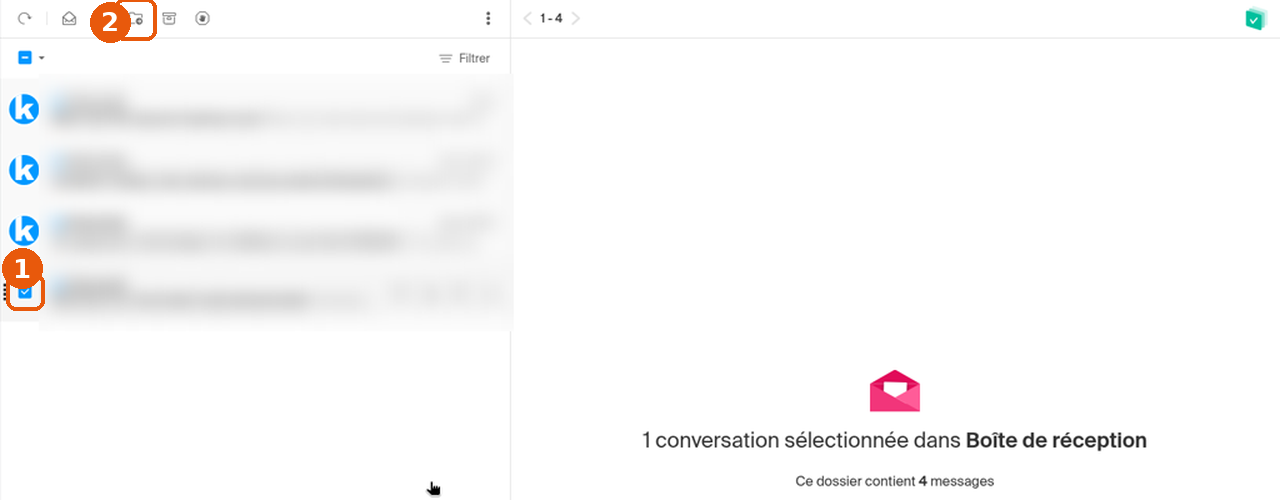 E-mail coché et bouton Déplacer l'e-mail dans la barre d'outils