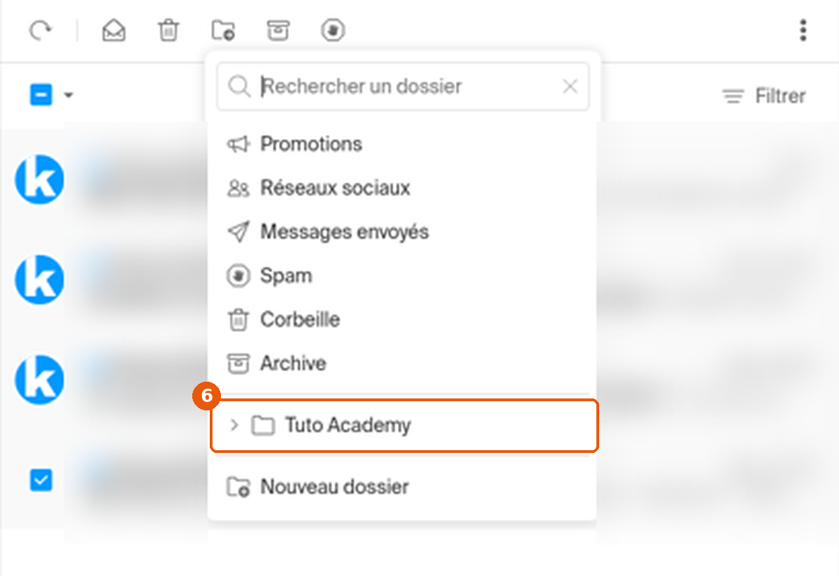 Liste des dossiers du menu Déplacer l'e-mail, dossier Tuto Academy encadré