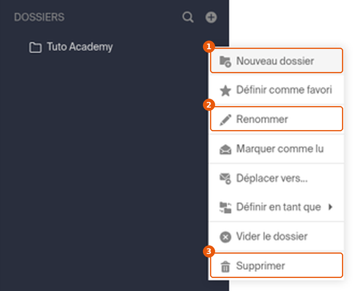 Menu ⋮ d'un dossier : Nouveau dossier, Renommer, Supprimer
