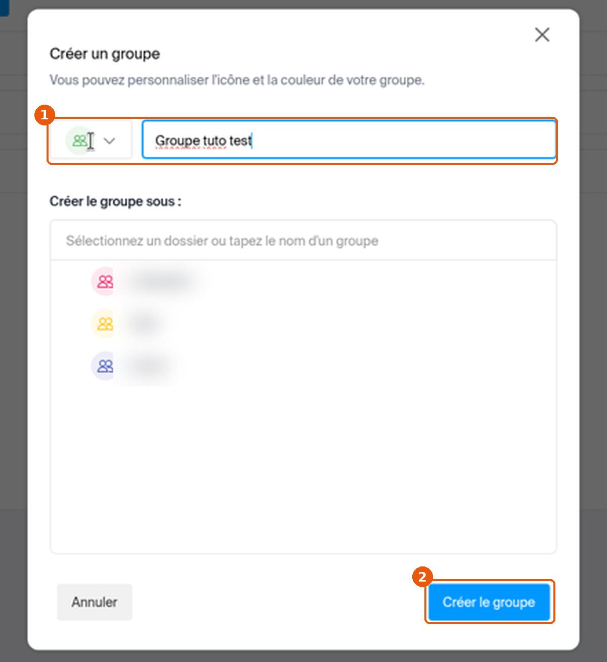 Fenêtre Créer un groupe : icône, couleur et nom du groupe saisis, bouton Créer le groupe encadrés