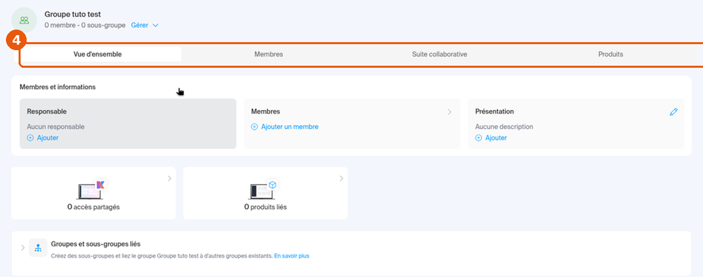Fiche du groupe : onglets Vue d'ensemble, Membres, Suite collaborative et Produits encadrés