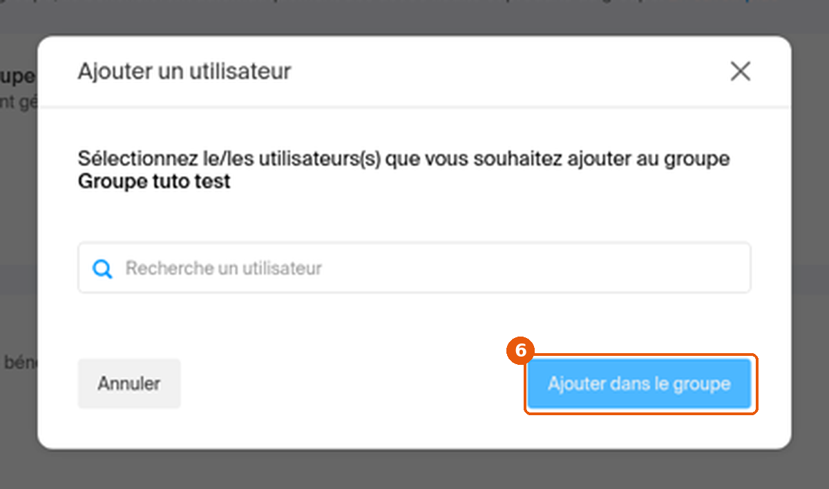 Fenêtre Ajouter un utilisateur avec la recherche d'utilisateur et le bouton Ajouter dans le groupe encadré