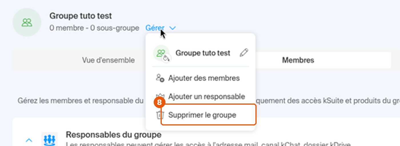 Menu Gérer de la fiche du groupe, entrée Supprimer le groupe encadrée