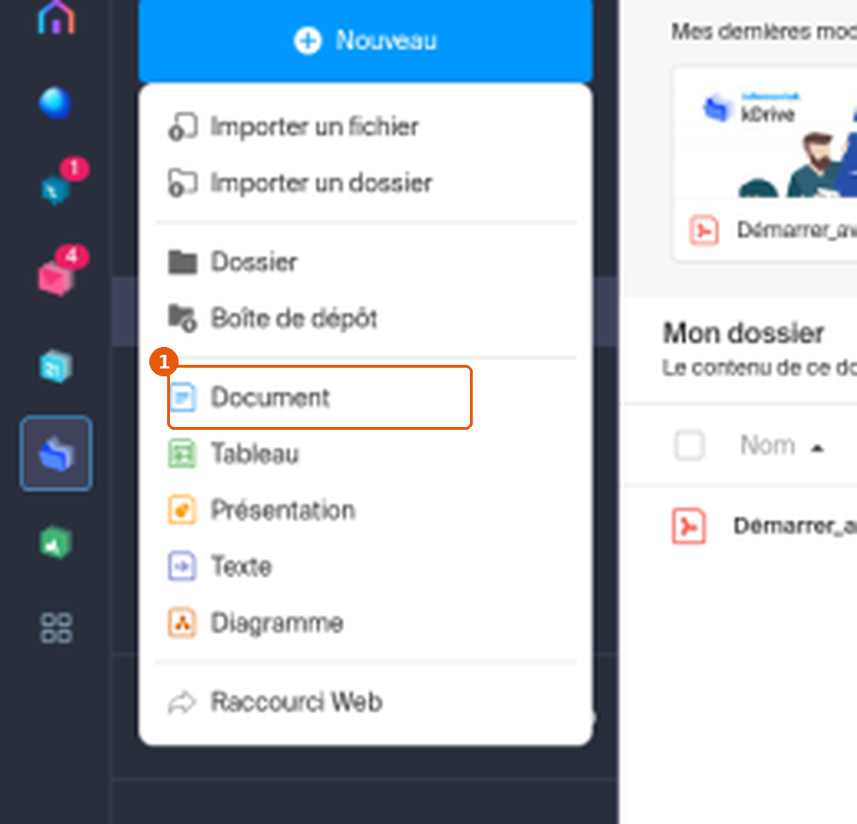 Menu Nouveau de kDrive avec l'option Document encadrée