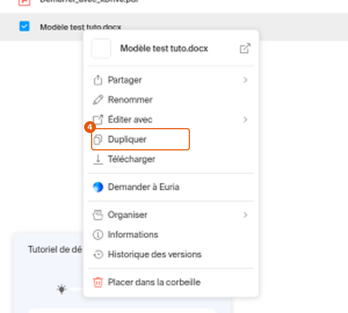 Menu contextuel du fichier dans kDrive avec Dupliquer encadré