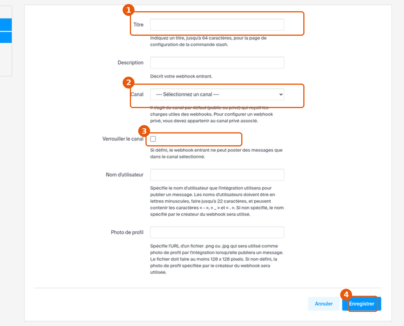 Formulaire Ajouter un webhook entrant : champs Titre, Canal, case Verrouiller le canal et bouton Enregistrer encadrés