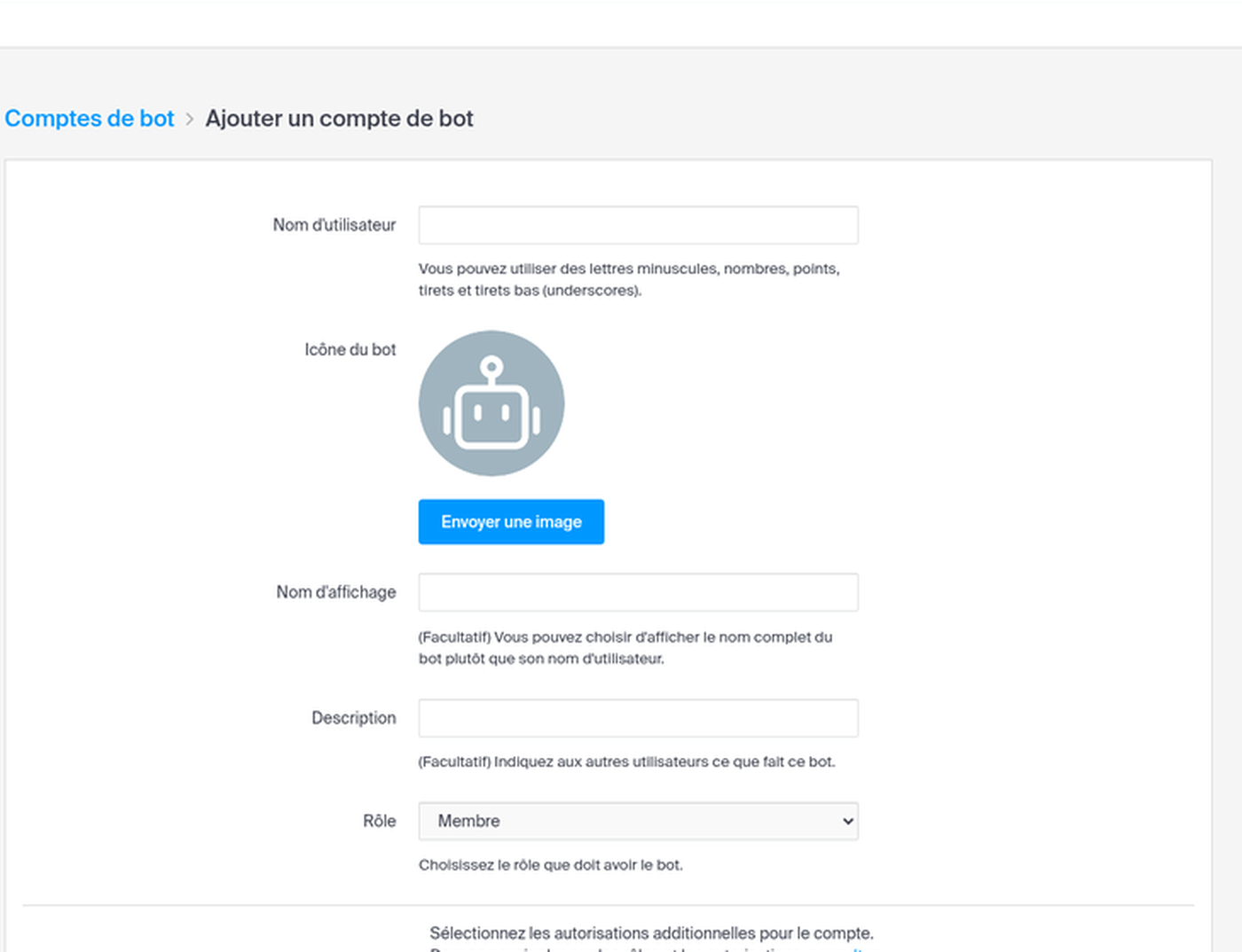 Formulaire Ajouter un compte de bot : Nom d'utilisateur, Icône du bot, Nom d'affichage, Description et Rôle