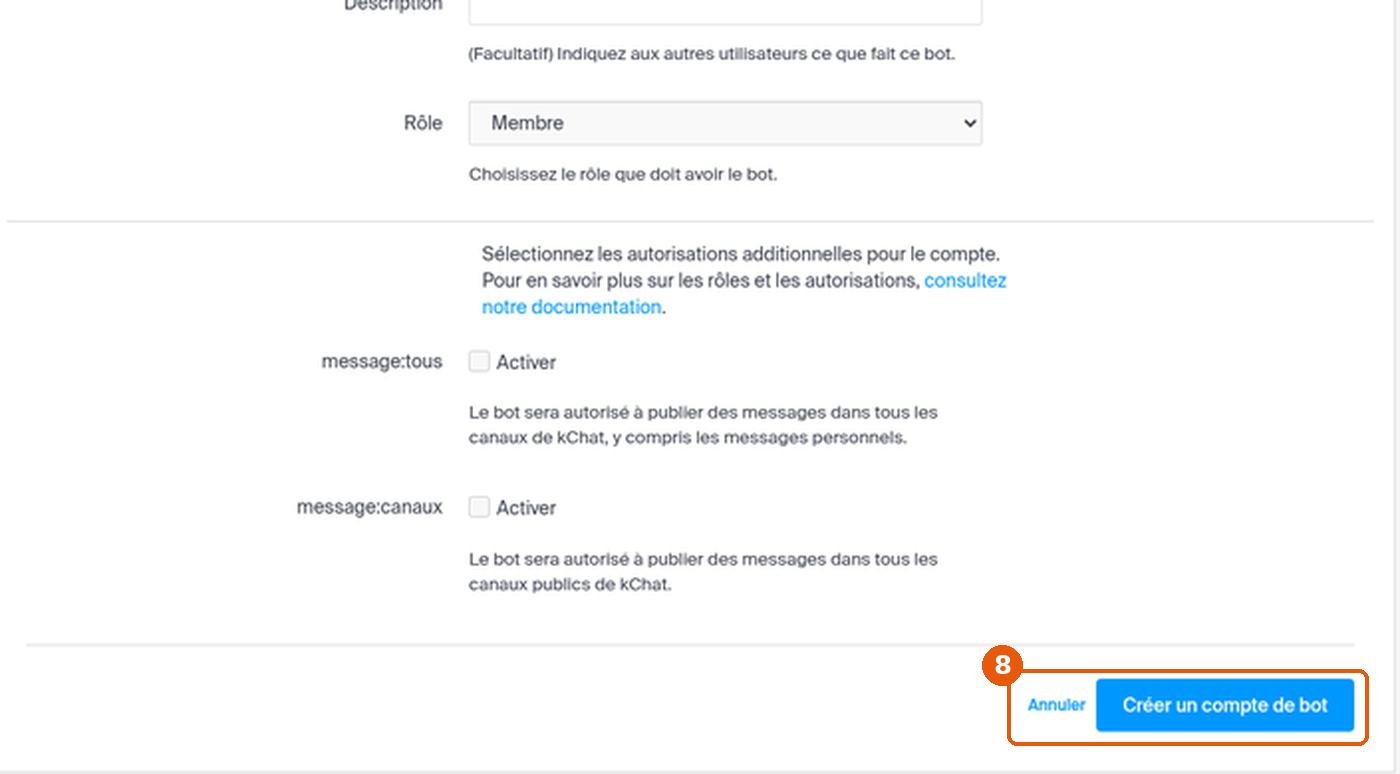 Bas du formulaire de compte de bot : autorisations message:tous et message:canaux, boutons Annuler et Créer un compte de bot encadrés