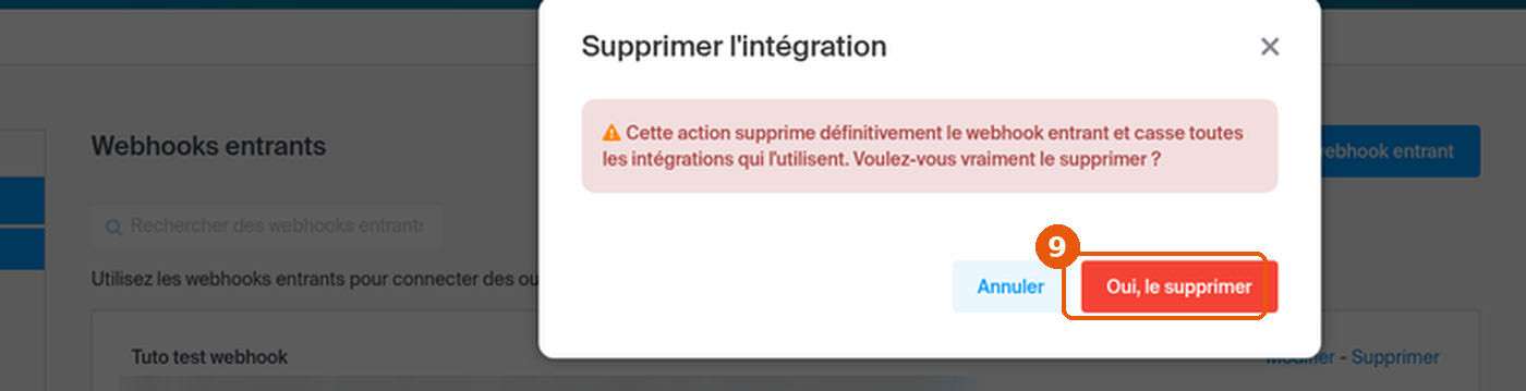 Fenêtre Supprimer l'intégration avec le bouton Oui, le supprimer encadré